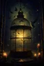 Placeholder: I needed to create a non-realistic illustration in a fantasy style, expressing the theme of freedom. The content of the picture is that in a dark, luxurious, retro banquet scene, the bird breaks out of the cage and rushes towards freedom and light.