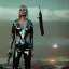 Placeholder: Ultra Realistic retro sci-fi movie war scene, waist up view portrait, blonde woman pointing a gun, sweet young Daryl Hannah face, perfect iris, glow eyes, makeup, weapon. War background, Retro sci-fi style, tight latex coat, fog, rain, soft color, highly detailed, unreal engine 5, ray tracing, RTX, lumen lighting, ultra detail, volumetric lighting, 3d, finely drawn, high definition, high resolution.