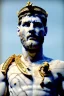 Placeholder: Realistic image, Roman sculpture made in white marble with gold veins, Lionel messi with gold laurel leaves crown, two blue brushes, decorative star on the chest, waist up portrait, marble material, gold ornaments, Baroque style, sun rays background, epic, celestial, cinematic lighting, God lights, 4k resolution, smooth details, soft lighting, unreal engine 5, art station, substance 3d.