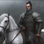 Placeholder: A 40 year old mercenary in a battle jacket and travelers cloth. He is riding a dark gray horse. He is tall, slim, has a sharply cut face. black hair, short ponytail on the top of his head. Perfect eyes. Perfect hands. Perfect feets. Glows. fantasy setting. A river ford in a wood. concept art, mid shot, intricately detailed, color depth, dramatic, 2/3 face angle, side light, colorful background. Style of Jeff Easley