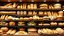 Placeholder: A design for a bakery shop filled with all kinds of fancy breads including baguettes, toasts, sandwiches, hamburgers, cheese balls, dumplings, toasts, toasts, bagels, bananas, bread steak, brioche, brownies, ciabatta, corn, pita, pretzels, pumpernickel, Rye, sourdough, tortilla, white, and whole wheat