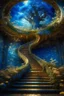 Placeholder: Staircase around a mighty tree spiral staircase of lapis lazuli to heaven, Baroque, epoxy sola, covered with flowers, Empire style, Gothic, botanical fantasy, deep drawing, full detail, bright colors, pearls, opal, bottom view, fabulously, incredibly beautiful, colored plaster, powder explosion, colored splashes, hyperrealistic, high resolution, professional photo, fashion magazine