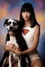 Placeholder: an extremely muscular 18-year-old Leonarda Spockinski Nimoy with long, straight black hair, the bangs cut straight across the forehead, as Krypto the Superdog - gradated Background, professional quality studio 8x10 UHD Digital photograph by Scott Kendall - multicolored spotlight, Photorealistic, realistic stock photo, Professional quality Photograph. colored Fog - Multicolored lightning, 3D heart