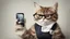 Placeholder: very clever cat with glasses and with smartphone.