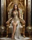 Placeholder: Photography,girl,full body,sitting luxury big chair,looking front view,brown long hair, gown dress mechanical,delicate gold and full diamonds colors crystal jewelrys,silver metalic parts, golden parts, intricate armor, detailed part,Movie Still