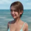 Placeholder: girl look beautiful wear swimsuit in beach full body, close-up, short hair, smile, 8k ,rtx ,eyebrows like serious,facing left, hyper realistis