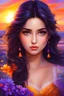 Placeholder: Masterpiece, best quality, digital painting style, adorable digital painting, beautiful fantasy art, colorful. The girl with the dark hair and bold eyes watches the sunset, with a kindness untold, in hues of orange, purple, and gold. Behold this vibrant world, so beautiful in its display. Spring's breath whispers through the air, painting nature in colors beyond compare. Her soul shimmers, reflecting the vivid flair of the sky. This moment is frozen, forever to share.
