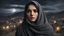 Placeholder: Hyper Realistic close-up-photographic-view of Beautiful-Pashto-Girl covering her face with grey-shawl with beautiful eyes wearing-black-dress standing outside village-houses giving-bold-expressions on mountain-top at night with cloudy-moonlight showing dramatic & cinematic ambiance