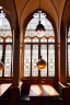 Placeholder: View of the synagogue in Budapest from a large glass window of a café, a brown-haired woman sitting in front of the window with her back to us, coffee in front of her, large shiny bright silver and spherical lamps on the ceiling, in sunshine