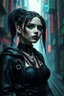 Placeholder: cyber-goth warrior woman in black makeup, black cyber-goth clothes with matrix style, utopistic scifi, dark colors, fashion, random matrix city background, high detailed, high realistic