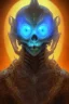 Placeholder: blue alien, cracks in the head, evil, red eyes, weapons, blood, 8k, finely detailed, photo realistic, HR Giger style turquoise skull head gold dragon Mexican alien moon skeleton Viking helmet Black background