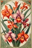 Placeholder: Vintage advertising Poster, Award Winning masterpiece, featuring vibrant floral intricate linework and elegant flourishes, orchids iris gladiolous, Extremely intricate linework, by William Morris, 2d, 50’s era, Retro, Art Noveau Design, highly detailed