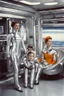 Placeholder: 1950s traditional Christian family in space station family room but mom is a futuristic female silver android in a latex silver android suit. Only mom is an android. Mom has a normal human face, with silver sci-fi makeup. Mom is robotically cleaning up, while the rest are sitting watching tv