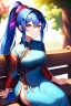 Placeholder: girl, masterpiece, best quality, cinematic lighting, detailed outfit, vibrant colors, perfect eyes, blue hair, pink eyes, ponytail, long hair, glowing light, ray tracing, depth of field, chinese clothes, smiling, sitting on bench, under tree, light rays, looking up,