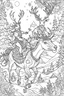 Placeholder: A Christmas theme, a coloring page illustrations, highly detailed, bold ink line sketch drawing of Whimsical elves riding on the back of reindeer, delivering presents in a magical, starlit sky