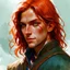 Placeholder: dnd, fantasy, watercolour, stylistic, portrait, illustration, dull colours, male, face, narrow long face, weathered face, green eyes, determined, happy, red hair, very long hair streaming down the shoulders, radiating light, five o'clock shadow, softer facial features