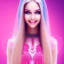 Placeholder: beautiful, soft, smiling face, whole head, long straight blonde hair blues eyes, crown on the head, clothing in transparent bluish and pink veil, background brillante bluish and pink,