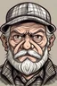 Placeholder: old man, face, angry look, beard, gray hair, checkered eight-piece cap, checkered jacket, drawing, cartoon style