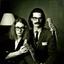 Placeholder: Awkward portrait Photo with a man and a woman with ugly glasses, 30 years old sitting on chair, serious look, long 1960 hair and mustasch, polaroid camera photo, holding small budgies