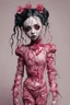 Placeholder: full body color, illustration of a darkred and pink tones, menacing, Singer Melanie Martinez face, as a decayed, broken, skin turned translucent, black veins that extended like roots beneath her skin, latex suit, crude homemade cloth doll toy, with a narrow cracked porcelain face, thick dark eyebrows, hair in two gradually, made from ragged strips of cloth, in the style of Alex Pardee, Tim Burton, and Nadya Sheremet