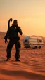 Placeholder: A zoom 3/2 view of Scorpion with background realistic photo of a landscape covered in sands that looks futuristic with futuristic lighting , a caravan in the heat of the desert from the “Breaking Bad” episodes