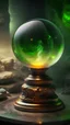 Placeholder: Gorgeous sparkling crystal ball with twirling green orange fog inside on marble pedestal in dark cave, dark fog rising