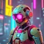 Placeholder: a cyberpunk robot, bright colours, futuristic, dystopia, stylised, digital art, 3d render