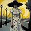 Placeholder: Whimsical and crazy painting of a full body young woman in a soft and dreamy style. The figure standing in the boulevard under a gas lamp shining a pale yellow light is shown in shades of gray and white, with red and yellow dots for emphasis. She wears a flowing black muslin dress and a black wide-brimmed hat, which gives her a graceful and elegant look. The background is abstract, with dull tones that blend together to create a misty atmosphere. Large, stylish red flowers frame the scene, with