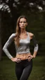 Placeholder: photography of a beautiful anorexic woman, silver satin top, sports illustrated, capri leggins