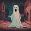 Placeholder: Vintage sheet Ghost animation, rubberhose drawing style, cute ghost with a rose alone on a street, cartoon art, hand drawn, cute horror, overexaggerated