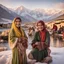 Placeholder: Pakistani Pukhtoon Women smiling at sunrise riverside & snowy mountains with a typical village market