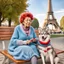 Placeholder: An elderly woman is knitting on a park bench, accompanied by her furry companion - a calm husky dog ​​resting next to her. In the background is the Eiffel Tower. The woman's lively personality shines through her whimsical outfit - a light blue sweater, striped tights and large round glasses perched on her nose. Her spiky red hair adds a touch of glamor to the scene. The sweet dog, with a shaggy yellow coat, lies peacefully with his head resting on the knitted fabric, providing a faithful compani