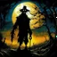 Placeholder: double exposure silhouette of lovecraftian scarecrow, moon rise, by Dan Mahurin, incredible composition; loose brush strokes oil painting