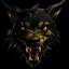 Placeholder: an angry scruffy black terrier on black background, yellow eyes, defined teeth, 30% lighter, illustration