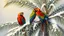 Placeholder: Realistic oil painting of colorful parrots perched on snow-covered palm trees, by John James Audubon, vibrant colors, intricate details of feathers and leaves, snowy background with soft lighting.