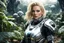 Placeholder: wide-angle Photo of a Sci-fi woman, with blond hair, wearing a silver and black spacesuit looking like an android, on an alien jungle planet
