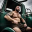 Placeholder: photography of a burly truck beefy driver at rest in truck, inside cab, shirtless, sweaty, massive with tattoos and short beard, Romanian, muscular, male chest, seen from below