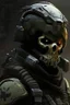 Placeholder: A soldier in the game Titan Fall 2 , he wears a BLACK skull helmet that covers his face, the helmet looks like a skull and is black, he is a rifleman, and his callsign is Titan. His colors are black and dark olive