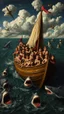 Placeholder: Hieronymus Bosch style , a boat full of children surrounded by few sharks