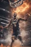 Placeholder: 8k, highly realistic and detailed image of a NBA basketball player in action dunking the ball in the net, sweaty hair, screaming look,action and smoke and flames background