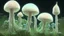 Placeholder: tall narrow delicate detailed mushrooms, with umbrella caps, phosphorescence glowing in the night