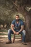 Placeholder: half figure shot photography of a marocan ugly dirty burly muscular chubby farmer 36 years old, bullneck, strong arms, big belly, manly chest, very sweat, short beard, tattoo, curly hair , short bulging pants, open legs sitting on a chair under an olive tree , big tights, barefoot, ambient occlusion, hyper detailed photography, photorealistic, 35mm lens, side light, frontal view from below, natural colors