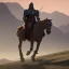 Placeholder: medieval knight traveling on a horse surrounded by mountains