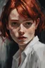 Placeholder: A red-haired girl with freckles. Oil portrait style. Waist-high. She got tired of long hair and had a bob cut. She is wearing a white shirt. Dark palette. The girl radiates light. Fentesy style.