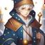 Placeholder: 4K, Fantasy World, A boy only wearing a closed wizards robe, and wearing a wizards hat. White Hair. Golden Eyes with no pupils.