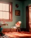 Placeholder: Room scene with sit woman, Wes Anderson style, realistic photo, concept art, smooth, unreal engine 5, god lights, ray tracing, RTX, lumen lighting, ultra detail, volumetric lighting, 3d.