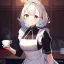 Placeholder: anime girl dressed as a waitress filling a tea cup of coffee, in a diner