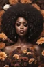 Placeholder: Create an magna image of a curvy black female wearing a brown off the shoudler blouse and she is looking down with Prominent makeup. Highly detailed tightly curly black afro. Background of large brown and black flowers surrounding her