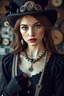 Placeholder: adult, woman, necklace, steampunk hat, delicate features, unique style, pale skin tone, dark eyes, dark lipstick, regal rebell-steampunk dress, dark dress, black elbow gloves, long hair, holding an mecha-cotton bag, ethno steampunk style, whimsical vibe, high detalied, realistic, cinematic, random steampunk background