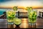 Placeholder: Two glasses of a mohito coctail beverage with lime are on a dining table on the balcony, overlooking a beautiful sea waterfront view. sunset, warm lights, harmonic calm mood, highly detailed, high contrast, perfect lights, masterpiece